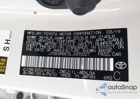 2020 Toyota Corolla Hybrid Le z USA, uszkodzony, nr VIN JTDEBRBE5LJ005027